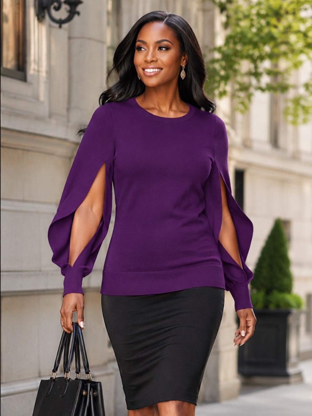 Cabi | Vibrant Purple Cutout Sleeve Blouse Sweater | Size XS
